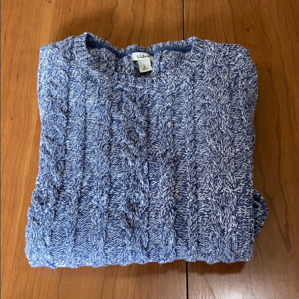 LL Bean blue marled cotton cable knit sweater